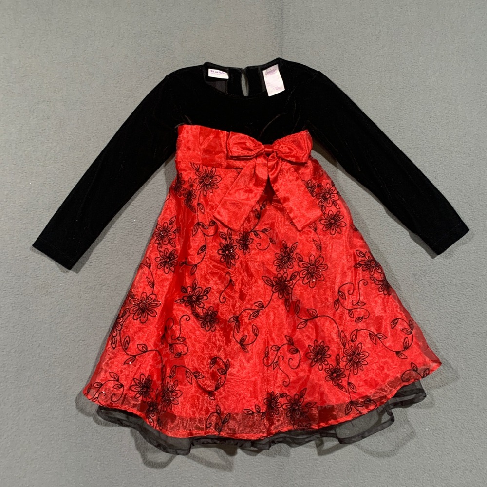 Blueberi Boulevard Girls Red‎ Black Velvet Floral Holiday Party Dress Size 6